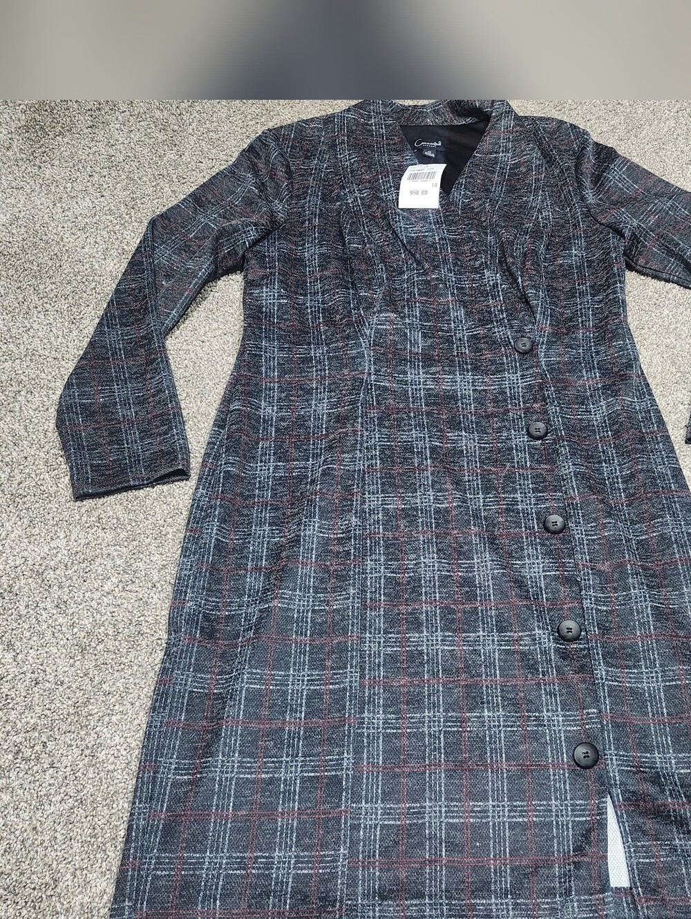 Connected Apparel Faux Button-Front Plaid Midi Dress in Charcoal and Red SZ 14